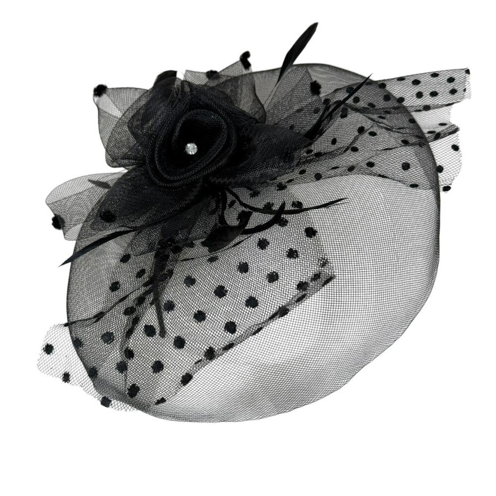 Vintage Black Mesh Fascinator Hat Polka Dot Feather Derby Headband One Size